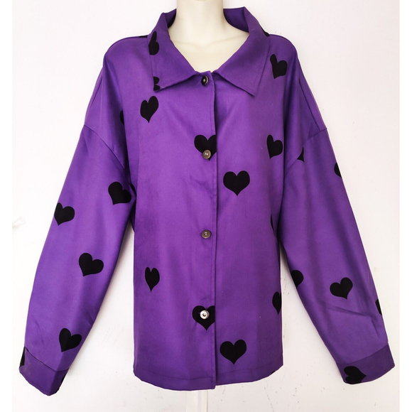 Shein Curve Button Down Shirt Jacket Purple Black Hearts Plus Size 3XL - Picture 1 of 10